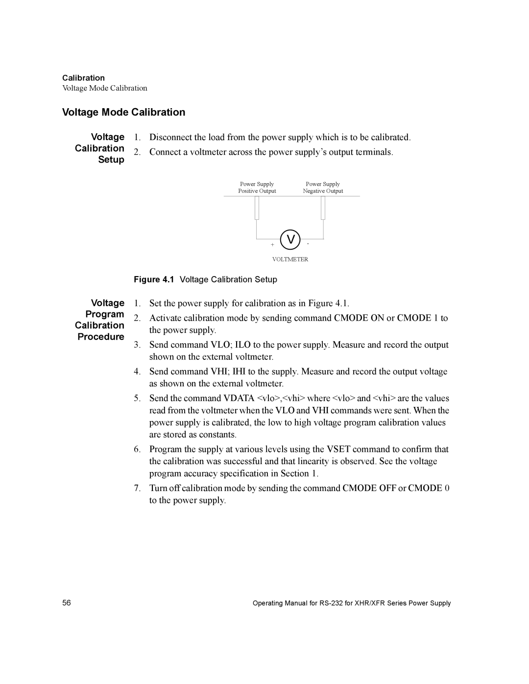 Xantrex Technology RS232-XHR manual Voltage Mode Calibration, Setup, Voltage Program Calibration Procedure 