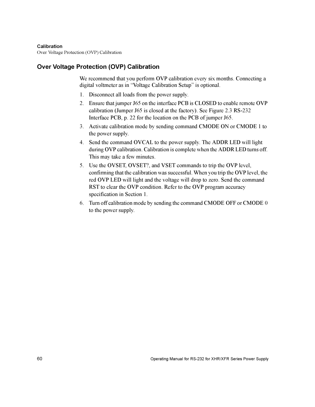 Xantrex Technology RS232-XHR manual Over Voltage Protection OVP Calibration 