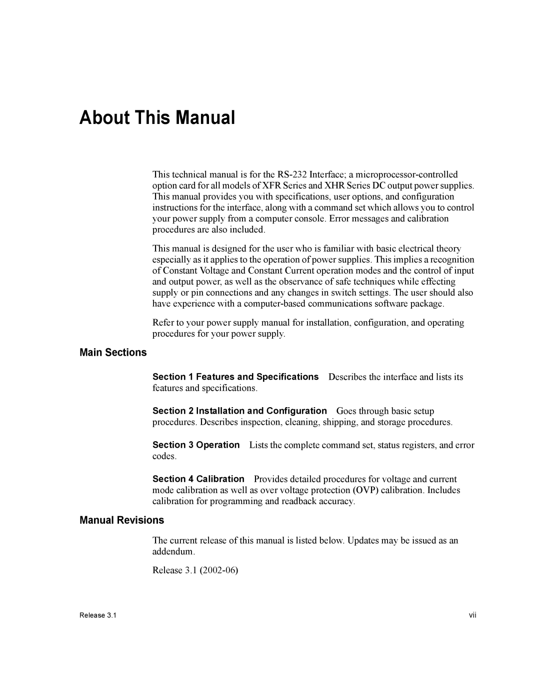 Xantrex Technology RS232-XHR manual Main Sections, Manual Revisions 