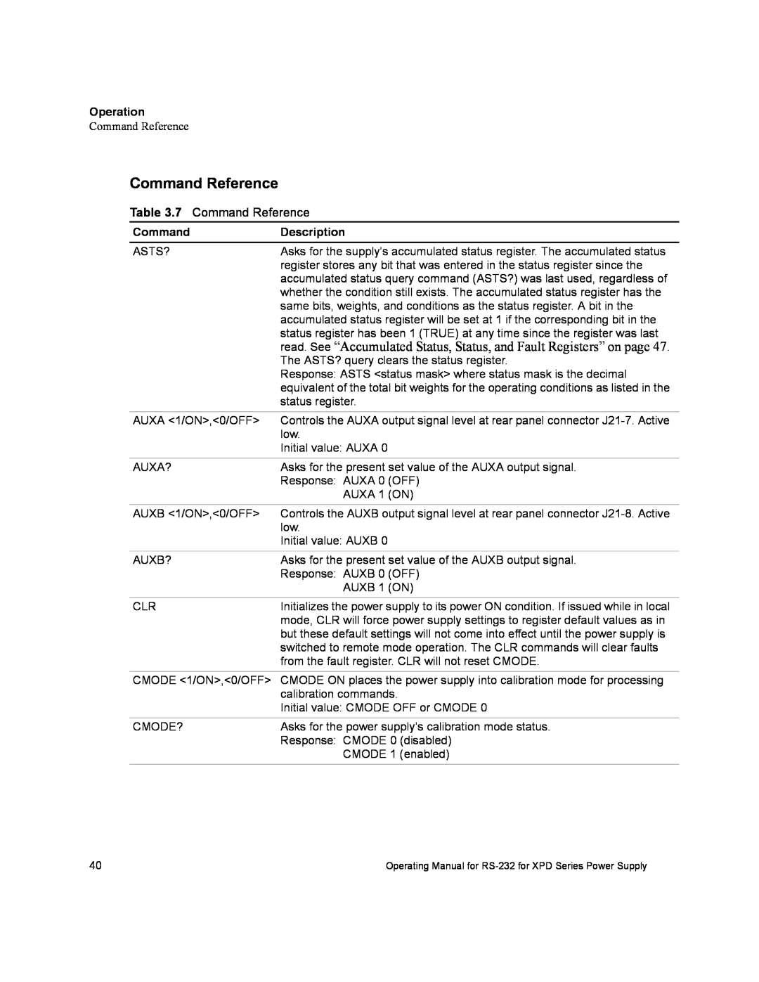 Xantrex Technology RS232-XPD manual Command Reference, read. See “Accumulated Status, Status, and Fault Registers” on page 