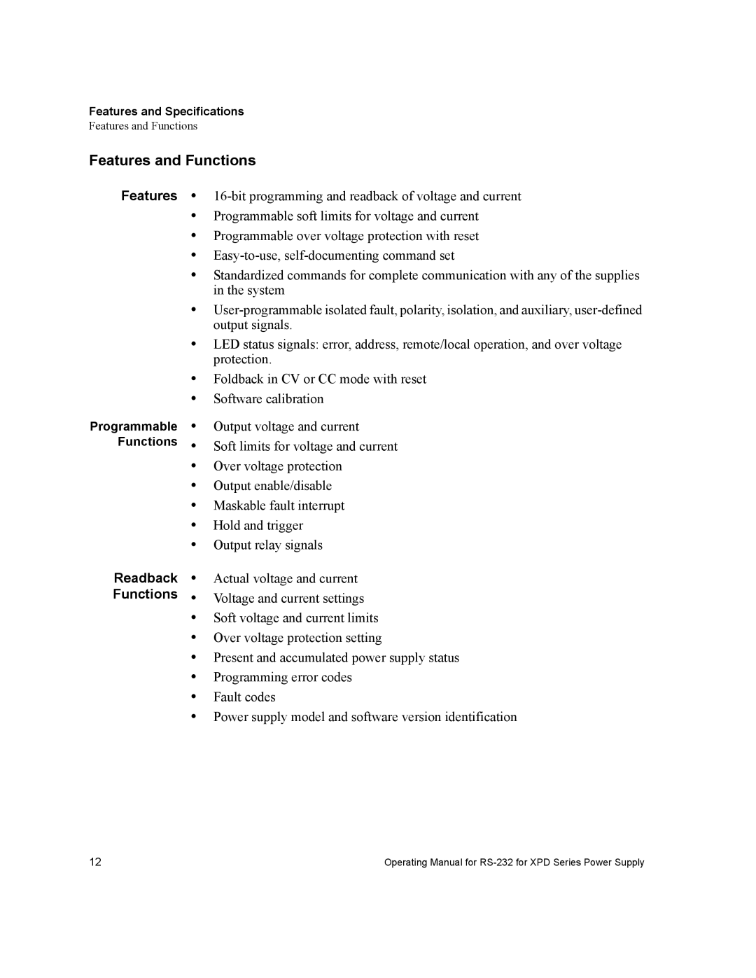 Xantrex Technology RS232-XPD manual Features and Functions, Readback Functions, Features and Specifications 