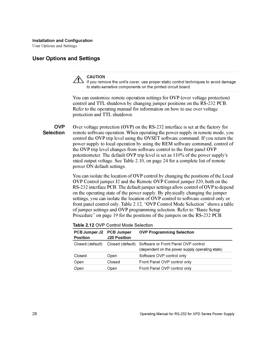 Xantrex Technology RS232-XPD manual User Options and Settings, OVP Control Mode Selection 