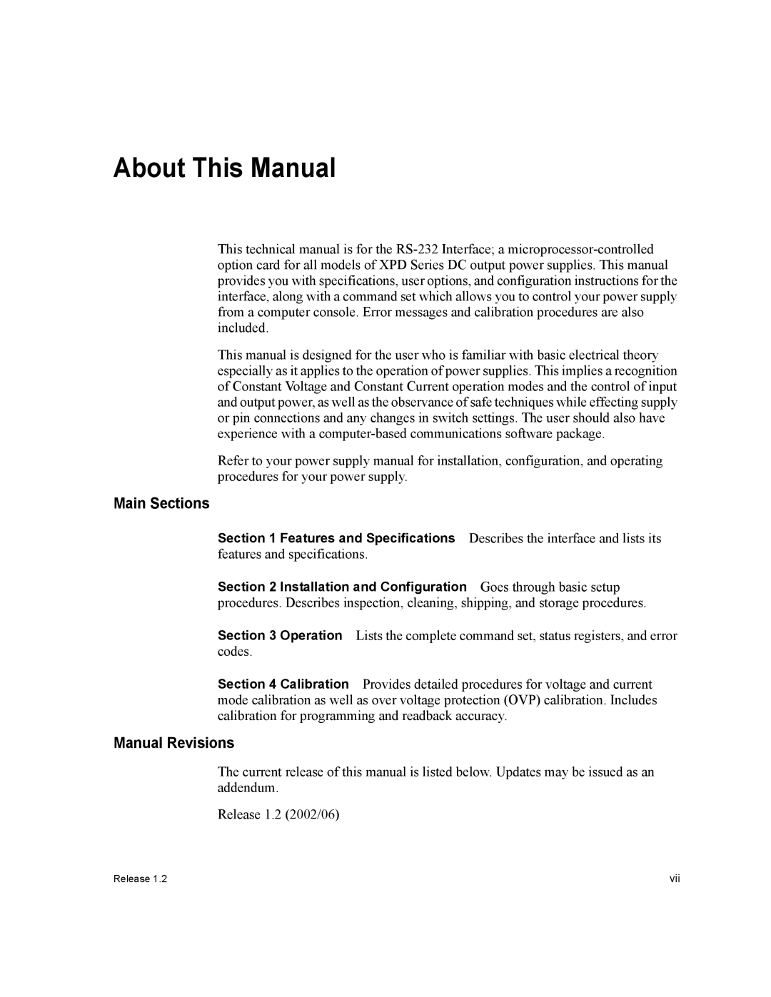 Xantrex Technology RS232-XPD manual Main Sections, Manual Revisions 