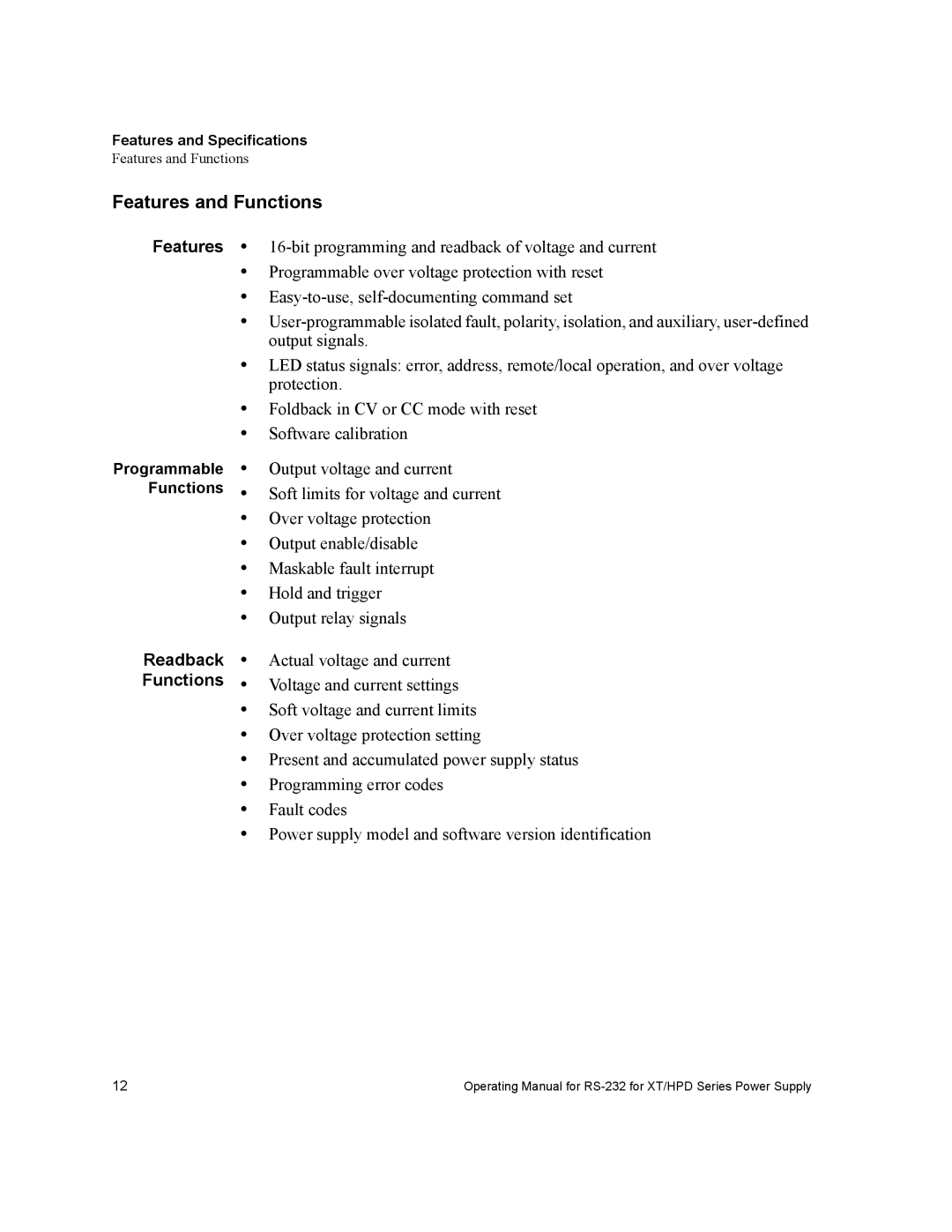 Xantrex Technology RS232-XT, RS232-HPD manual Features and Functions, Readback Functions, Features and Specifications 