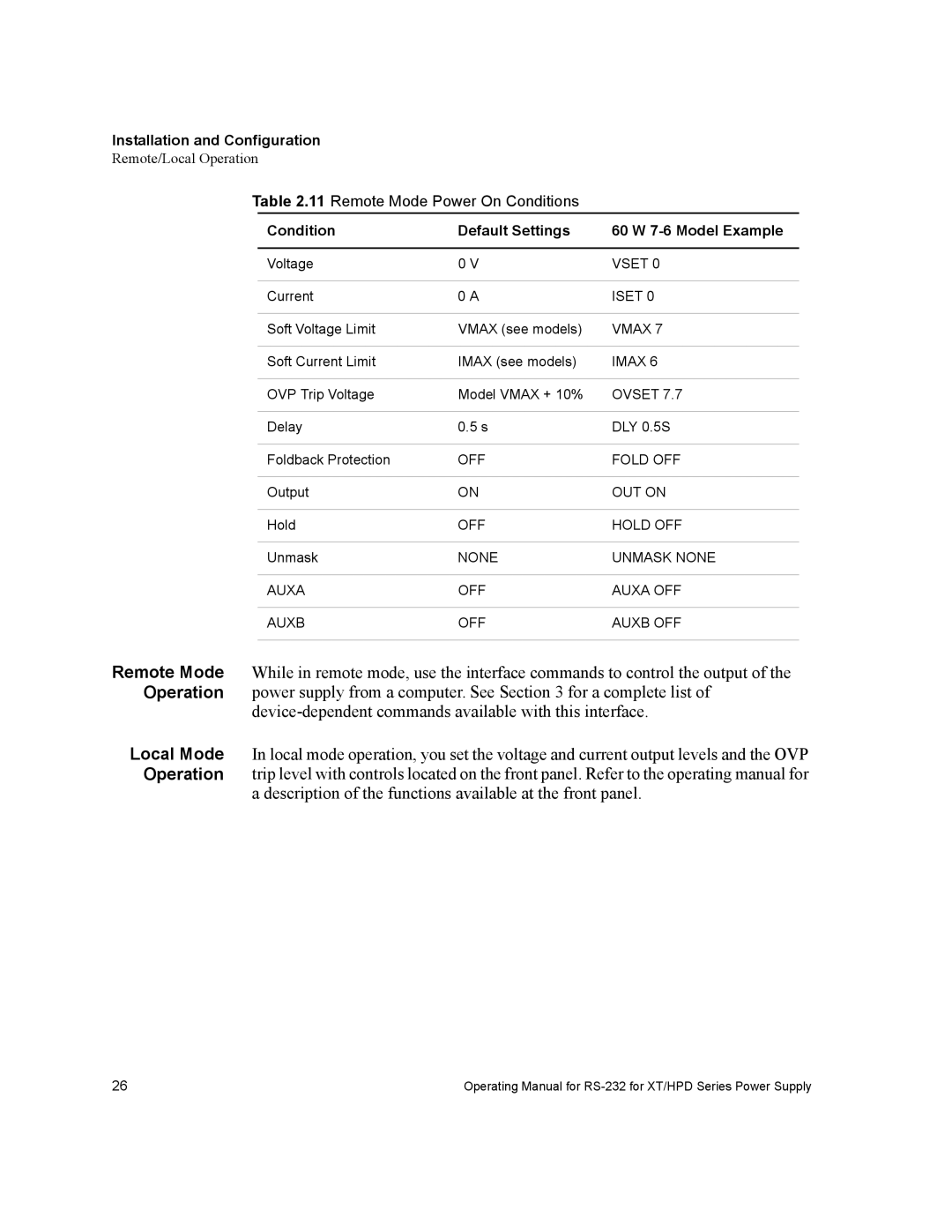 Xantrex Technology RS232-XT, RS232-HPD manual Condition Default Settings 60 W 7-6 Model Example 