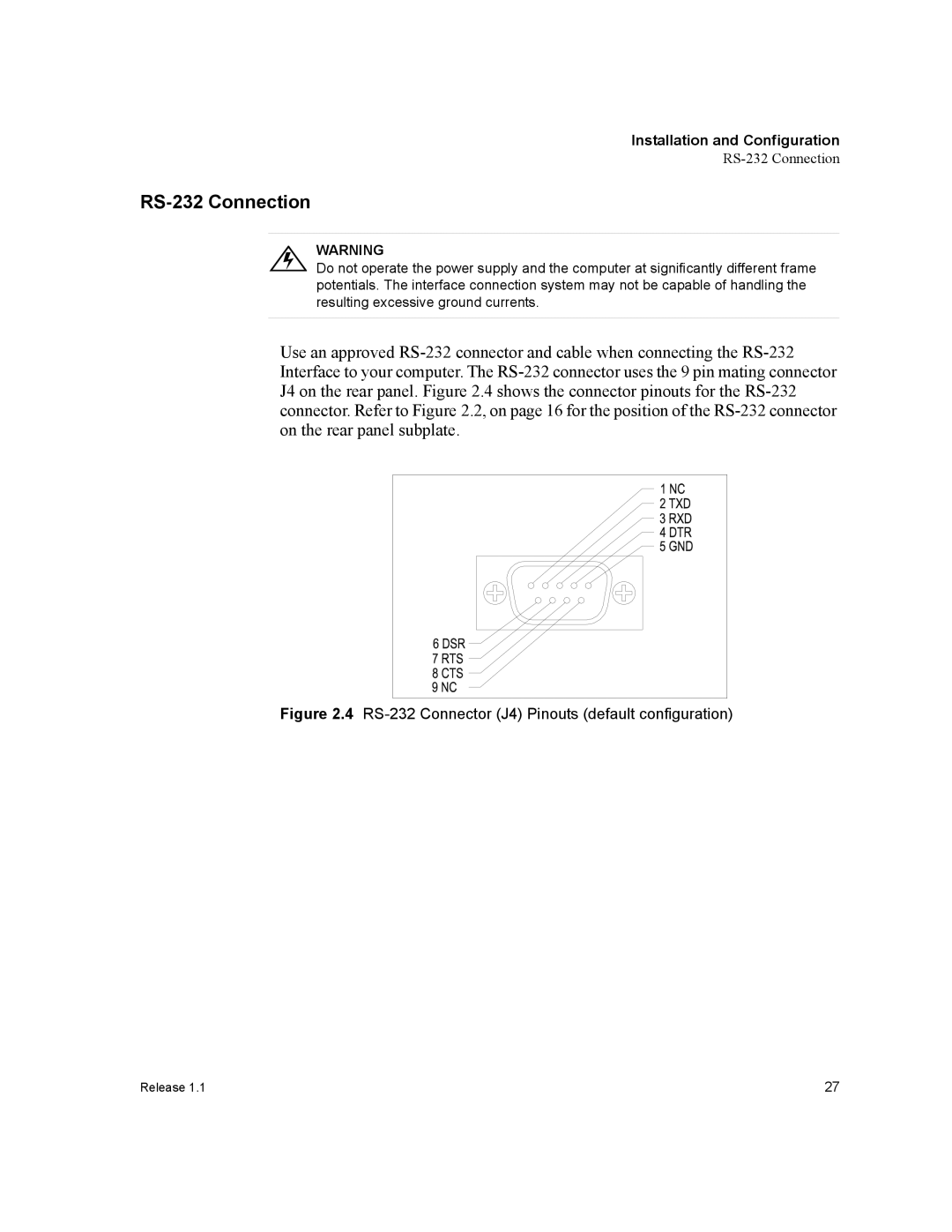 Xantrex Technology RS232-HPD, RS232-XT manual RS-232 Connection, RS-232 Connector J4 Pinouts default configuration 