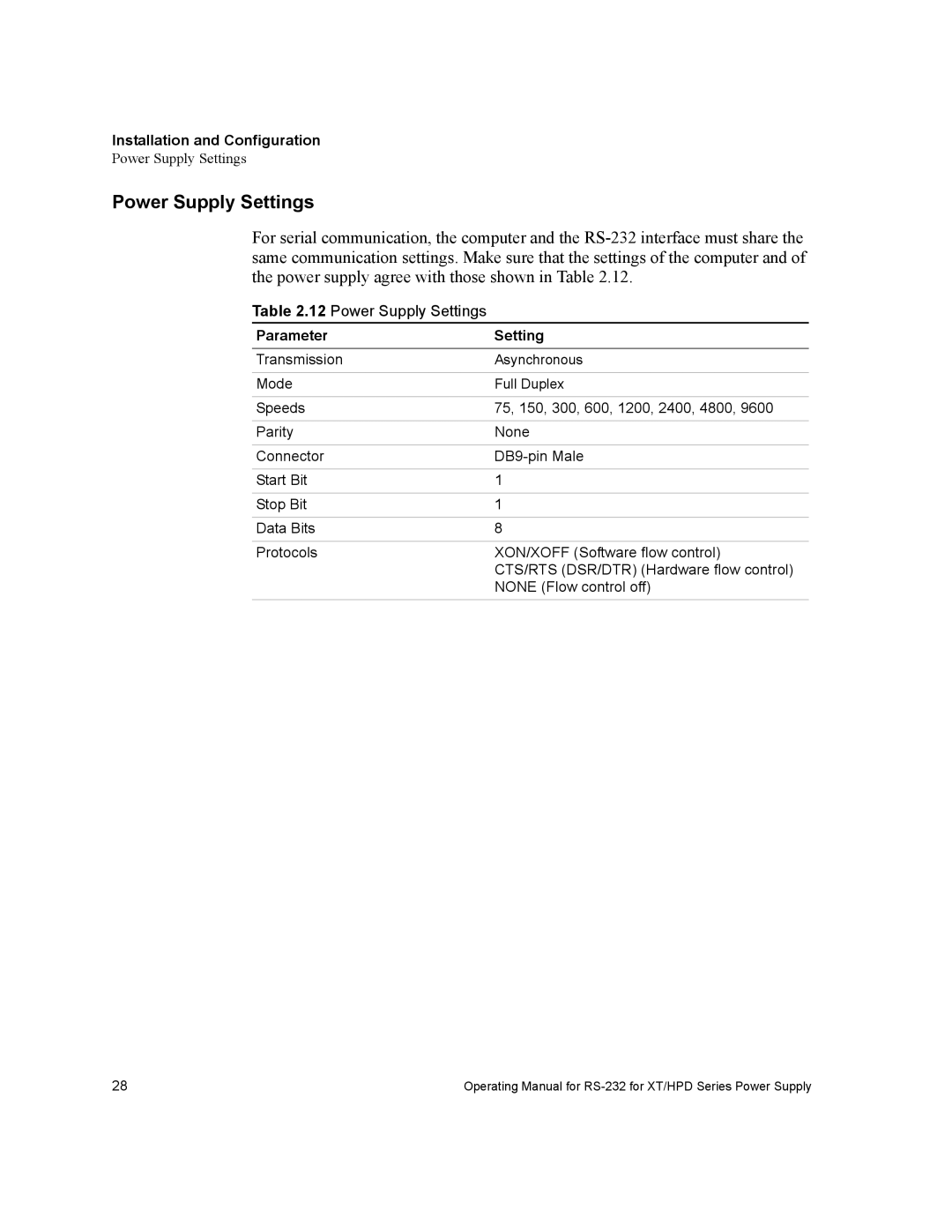 Xantrex Technology RS232-XT, RS232-HPD manual Power Supply Settings, Parameter Setting 