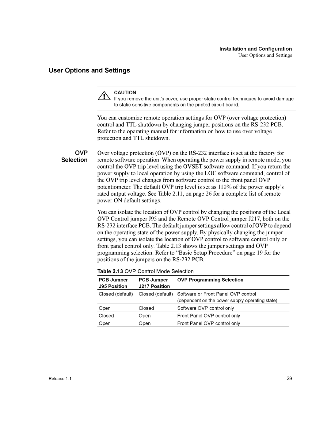 Xantrex Technology RS232-HPD, RS232-XT manual User Options and Settings, OVP Control Mode Selection 