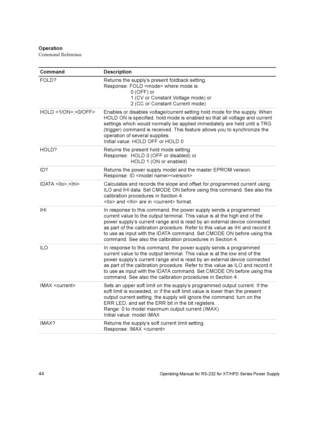 Xantrex Technology RS232-XT, RS232-HPD manual Returns the supply’s present foldback setting 