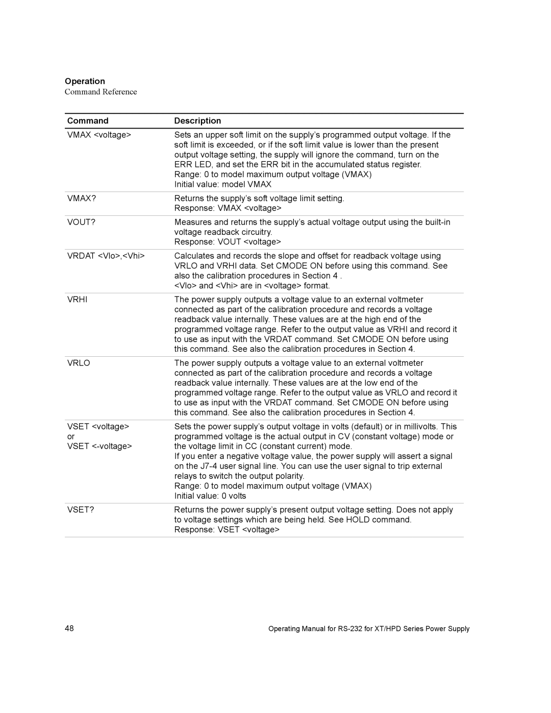 Xantrex Technology RS232-XT, RS232-HPD manual Returns the supply’s soft voltage limit setting 