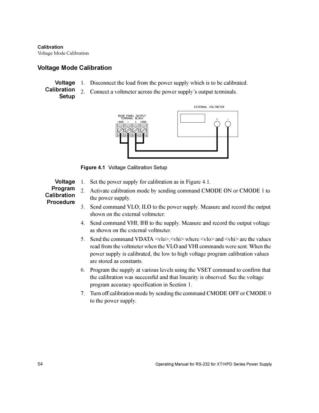 Xantrex Technology RS232-XT, RS232-HPD manual Voltage Mode Calibration, Setup, Voltage Program Calibration Procedure 