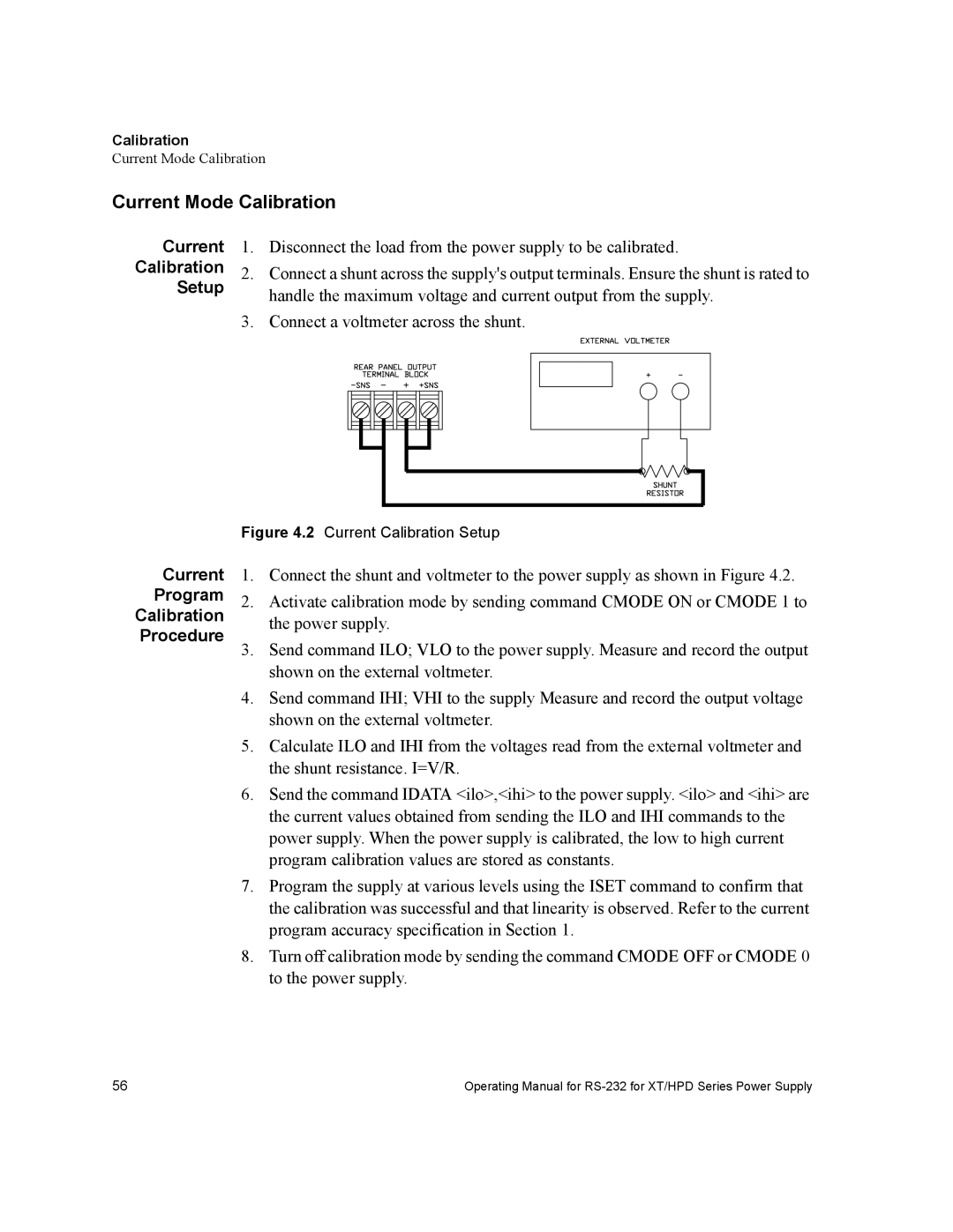 Xantrex Technology RS232-XT Current Mode Calibration, Current Calibration Setup, Current Program Calibration Procedure 