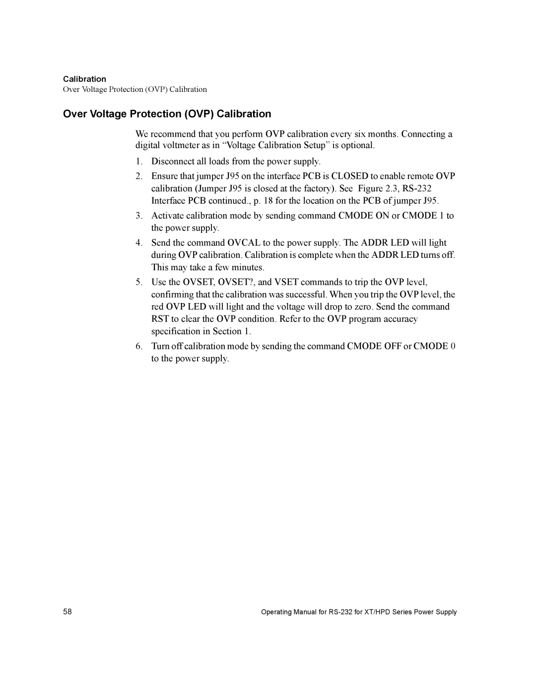 Xantrex Technology RS232-XT, RS232-HPD manual Over Voltage Protection OVP Calibration 