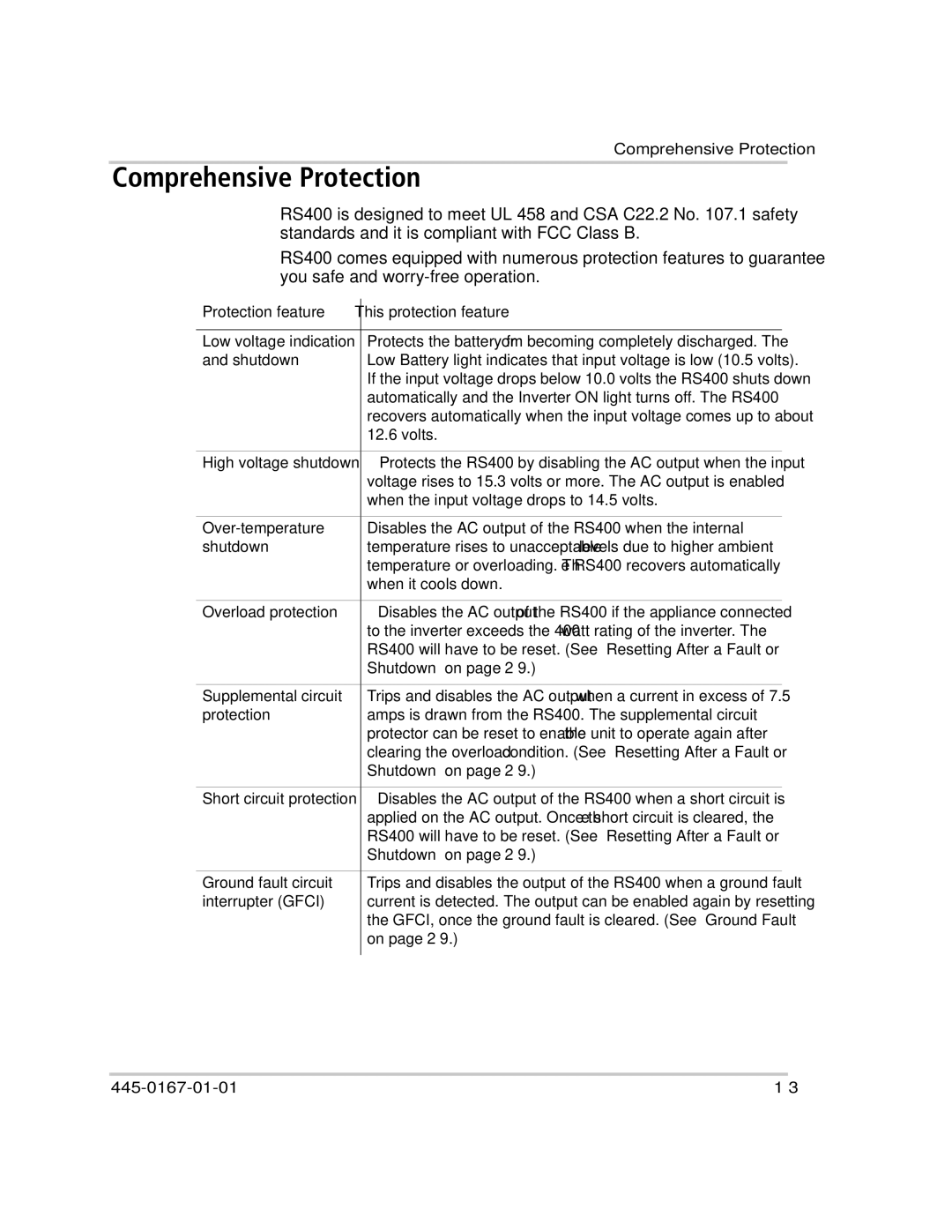 Xantrex Technology RS400 manual Comprehensive Protection, Protection feature This protection feature… 