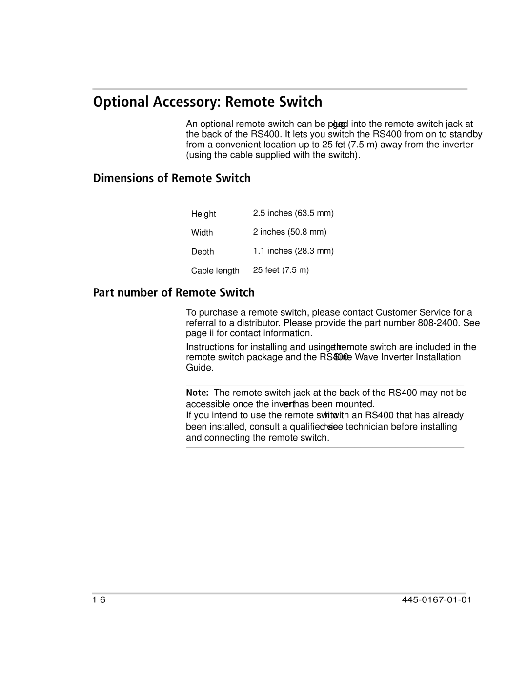 Xantrex Technology RS400 manual Optional Accessory Remote Switch, Dimensions of Remote Switch, Part number of Remote Switch 