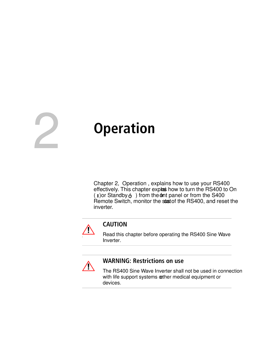 Xantrex Technology RS400 manual Operation 