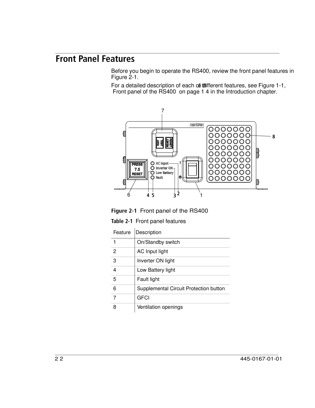 Xantrex Technology manual Front Panel Features, 1Front panel of the RS400 Front panel features 