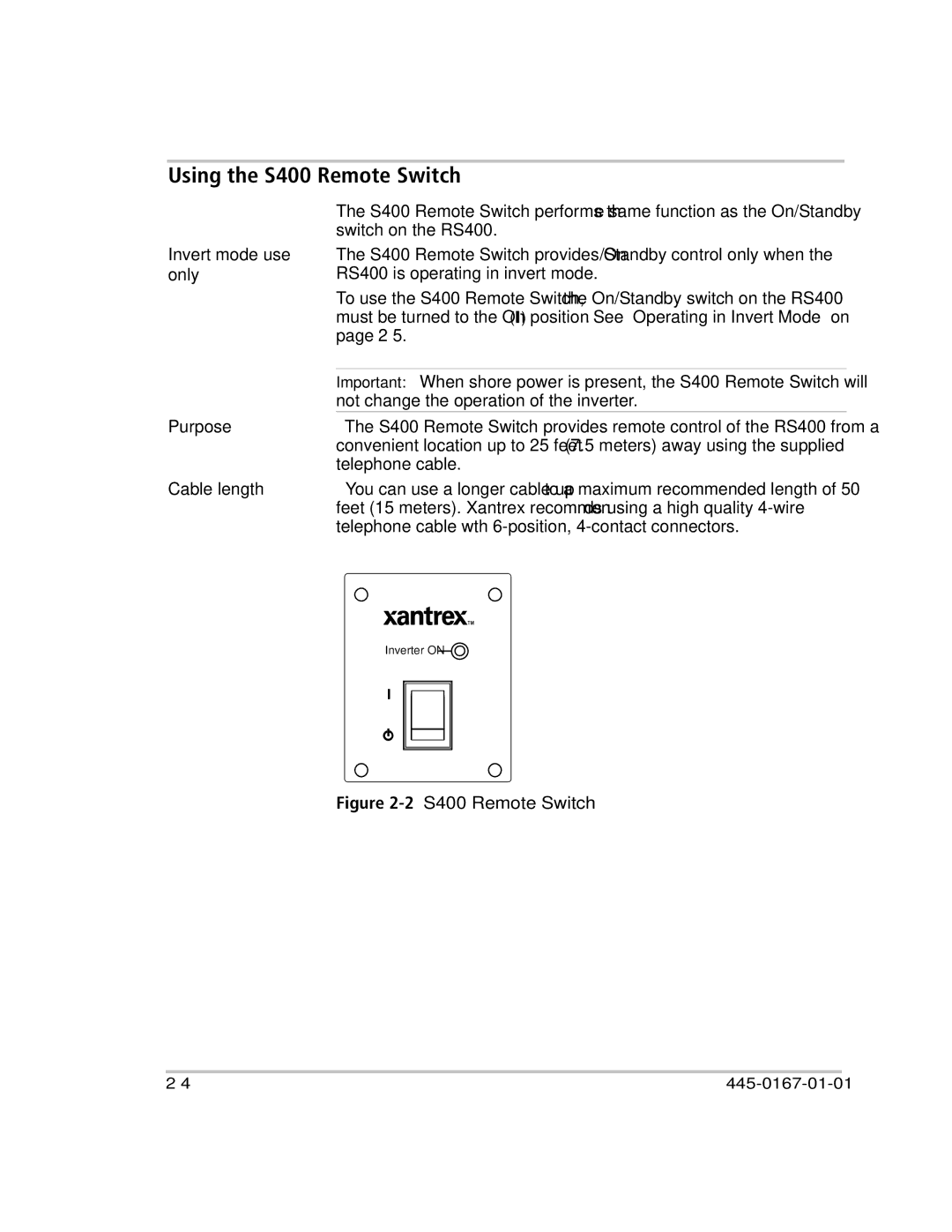 Xantrex Technology RS400 manual Using the S400 Remote Switch, 2S400 Remote Switch 