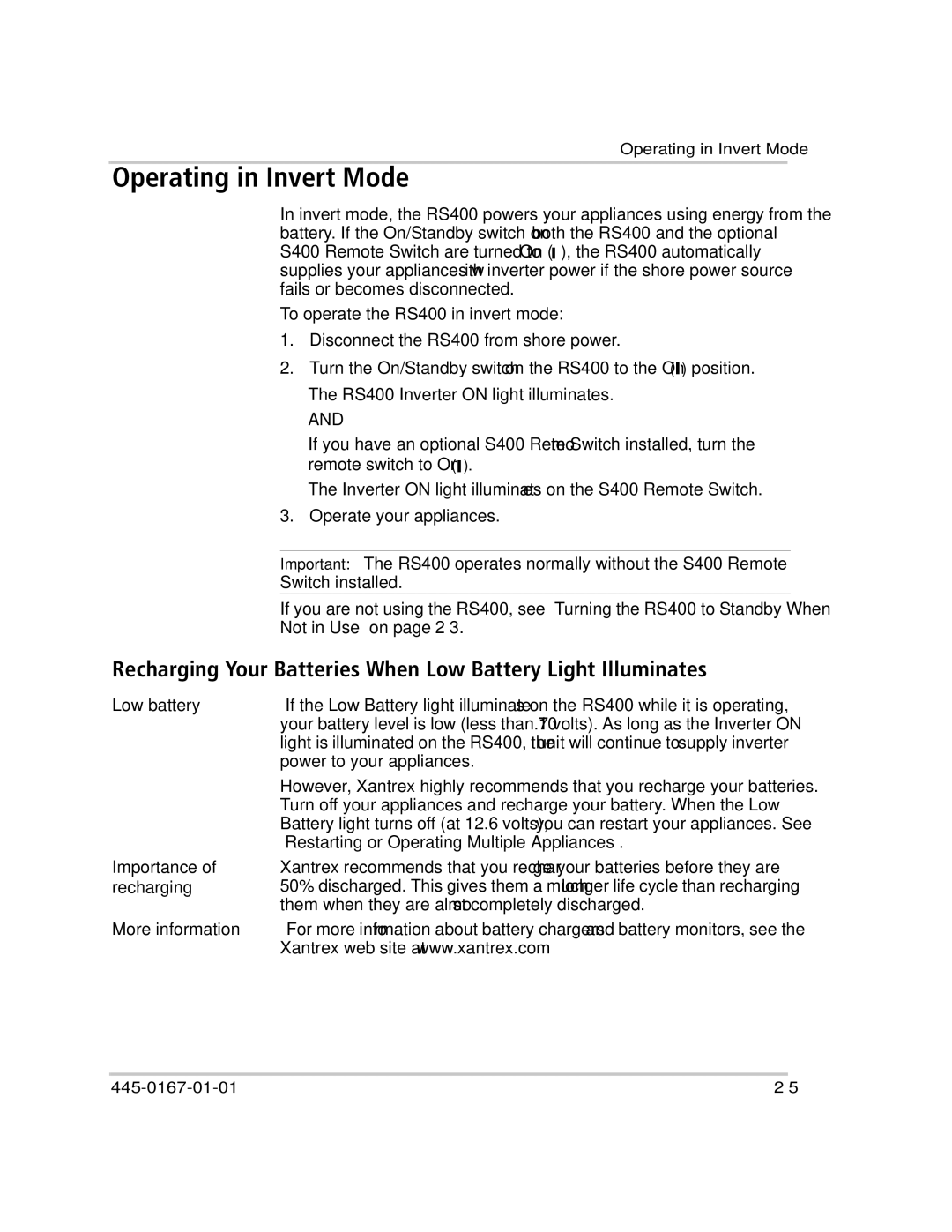 Xantrex Technology RS400 manual Operating in Invert Mode, Recharging Your Batteries When Low Battery Light Illuminates 