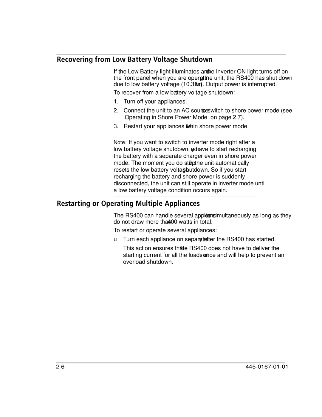 Xantrex Technology RS400 manual Recovering from Low Battery Voltage Shutdown, Restarting or Operating Multiple Appliances 