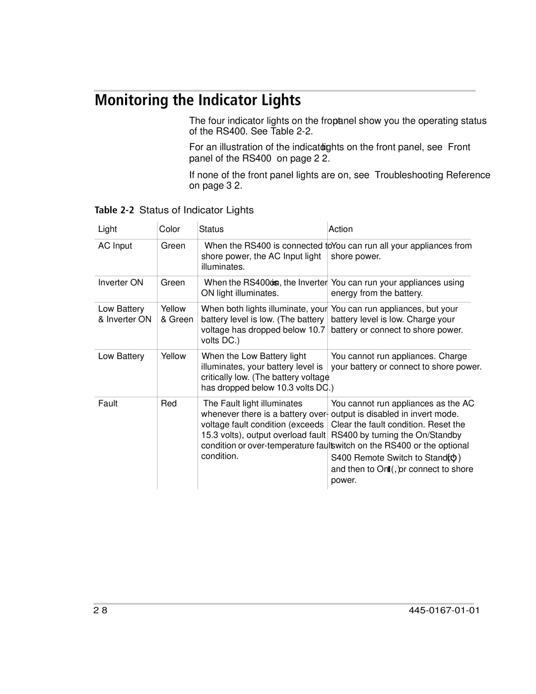 Xantrex Technology RS400 manual Monitoring the Indicator Lights, 2Status of Indicator Lights 