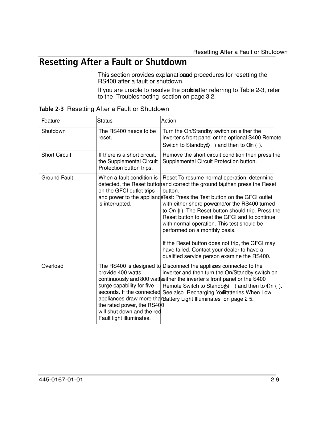 Xantrex Technology RS400 manual 3Resetting After a Fault or Shutdown 