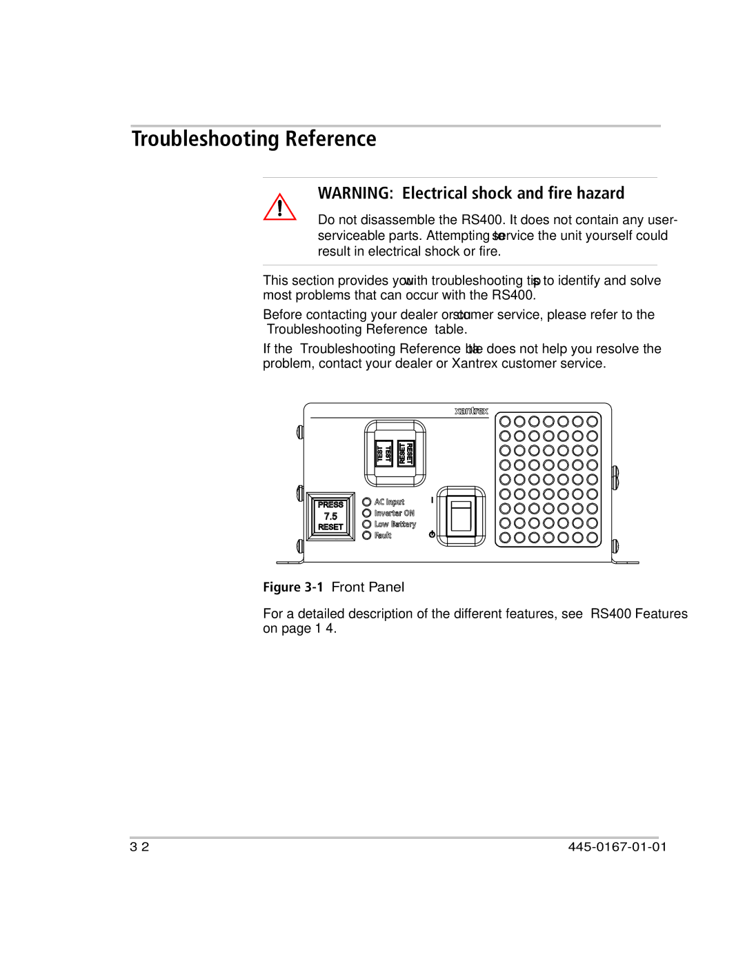 Xantrex Technology RS400 manual Troubleshooting Reference, Front Panel 