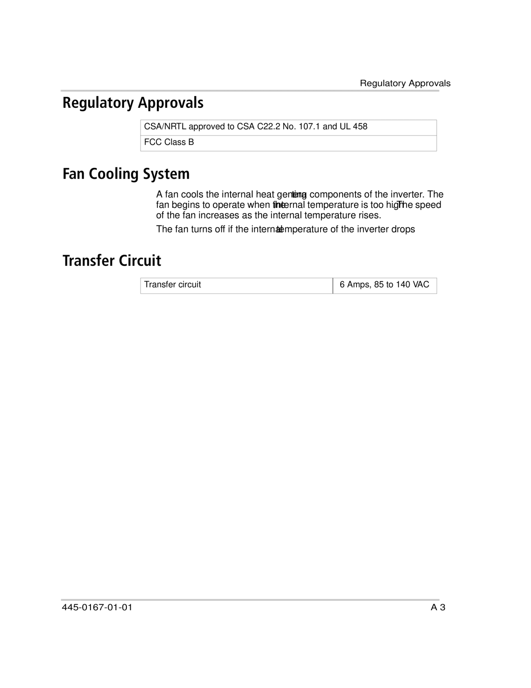 Xantrex Technology RS400 manual Regulatory Approvals, Fan Cooling System, Transfer Circuit 