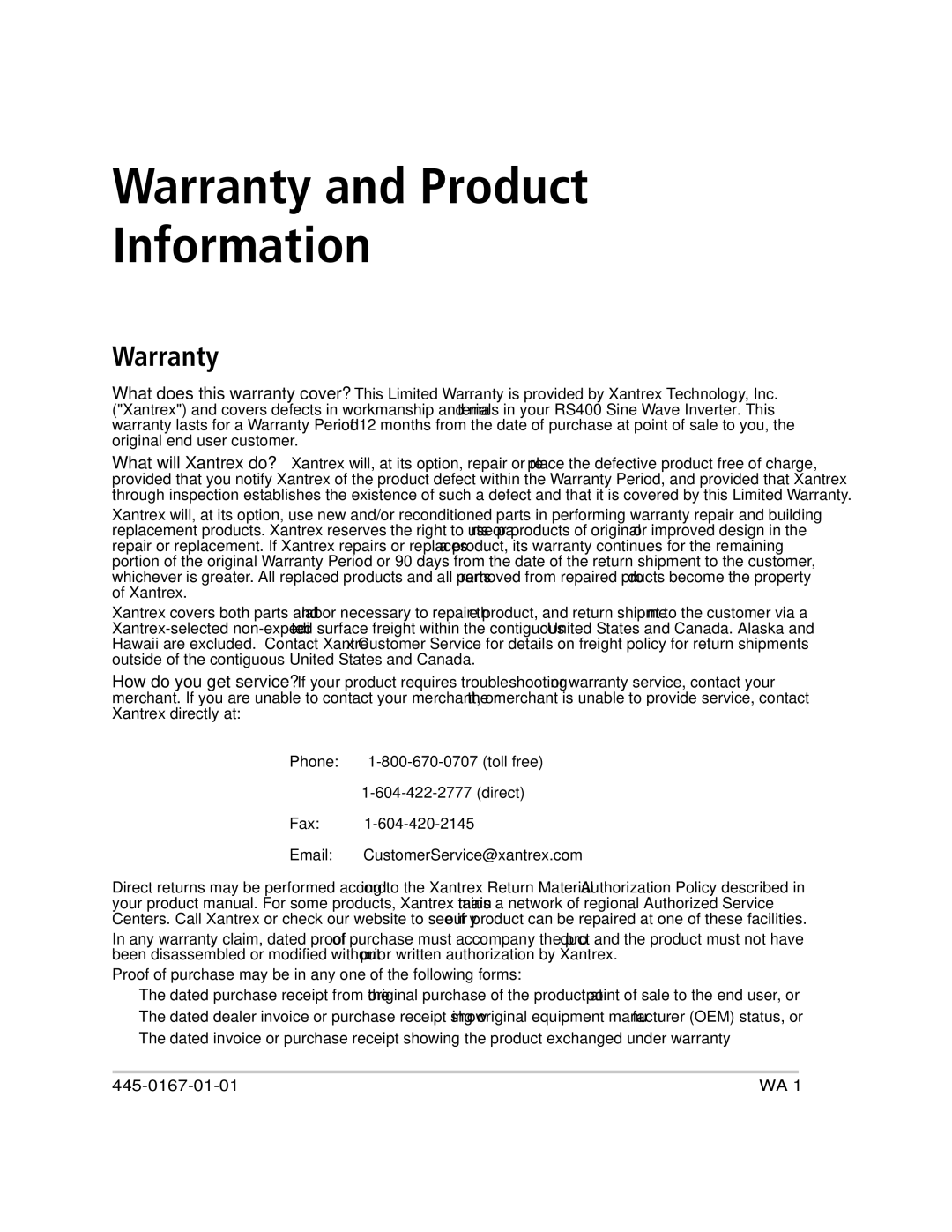 Xantrex Technology RS400 manual Warranty and Product Information 