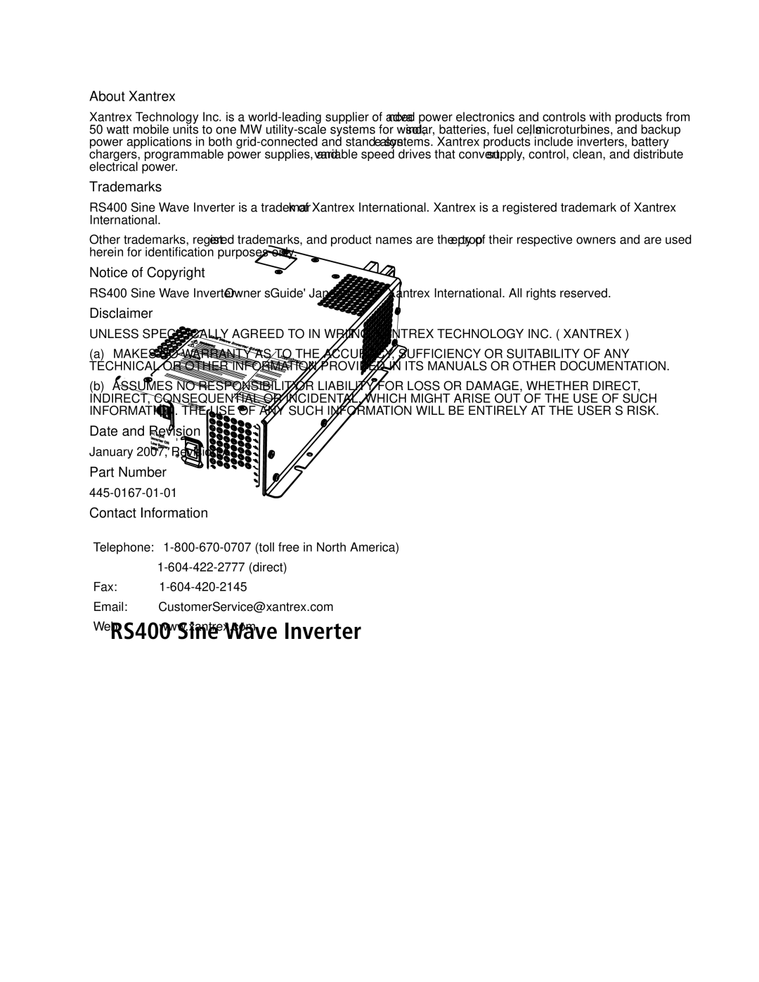 Xantrex Technology RS400 manual Date and Revision 