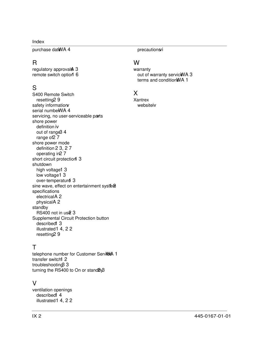 Xantrex Technology RS400 manual IX-2 445-0167-01-01 