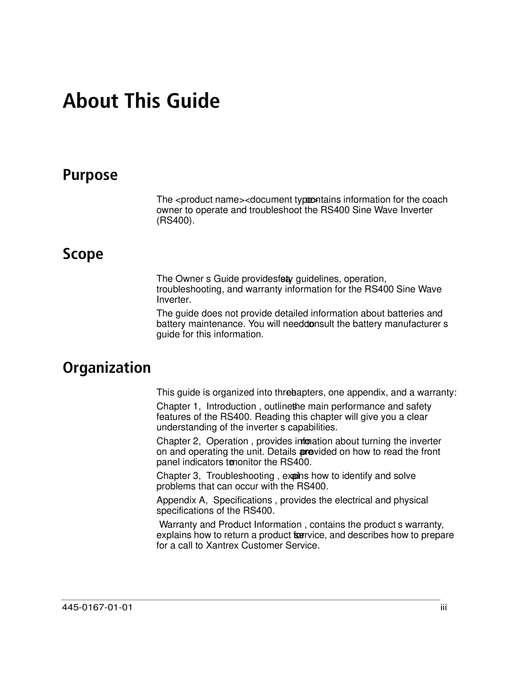 Xantrex Technology RS400 manual Purpose, Scope, Organization 