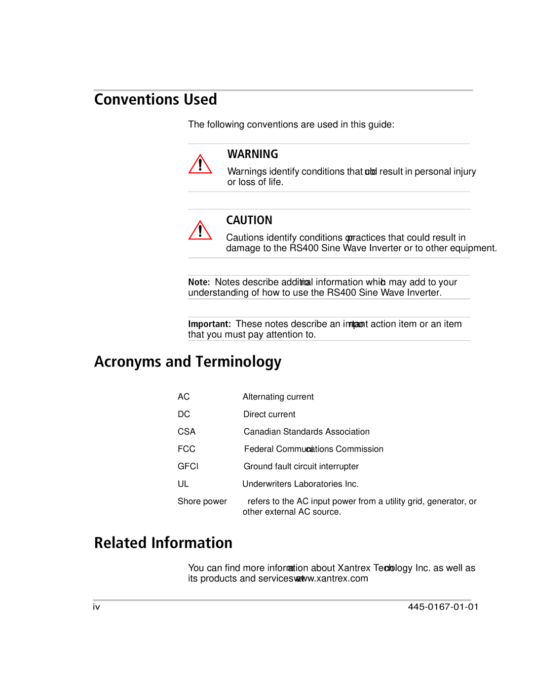 Xantrex Technology RS400 manual Conventions Used, Acronyms and Terminology, Related Information 