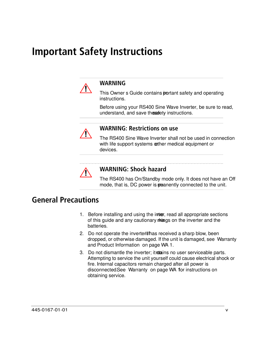 Xantrex Technology RS400 manual Important Safety Instructions, General Precautions 