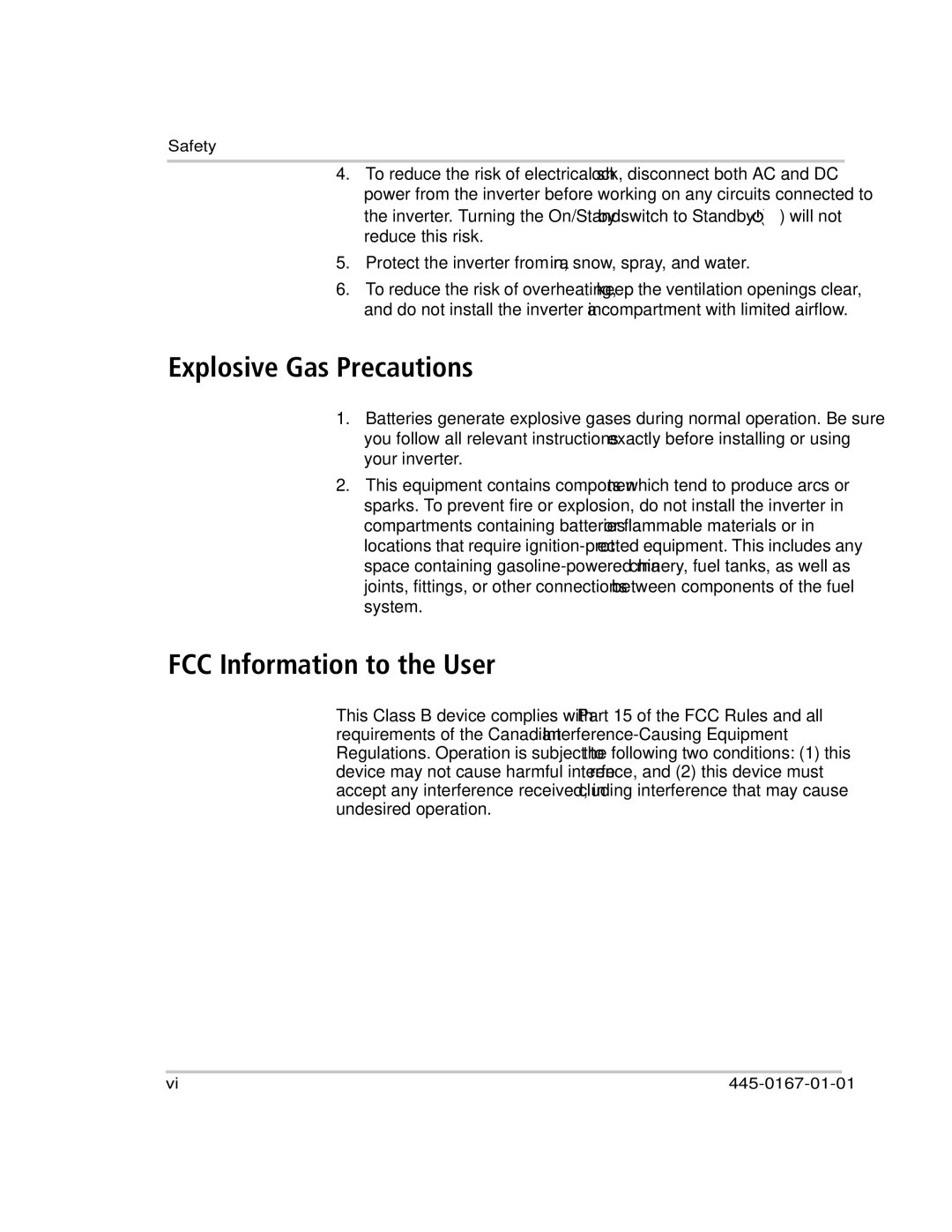 Xantrex Technology RS400 manual Explosive Gas Precautions, FCC Information to the User 