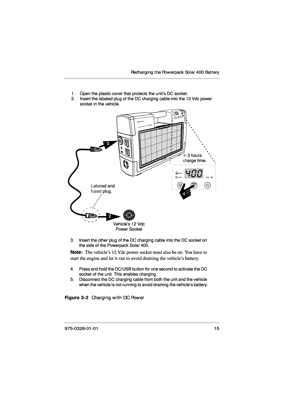 Xantrex Technology manual 2 Charging with DC Power, Recharging the Powerpack Solar 400 Battery, 975-0328-01-01 