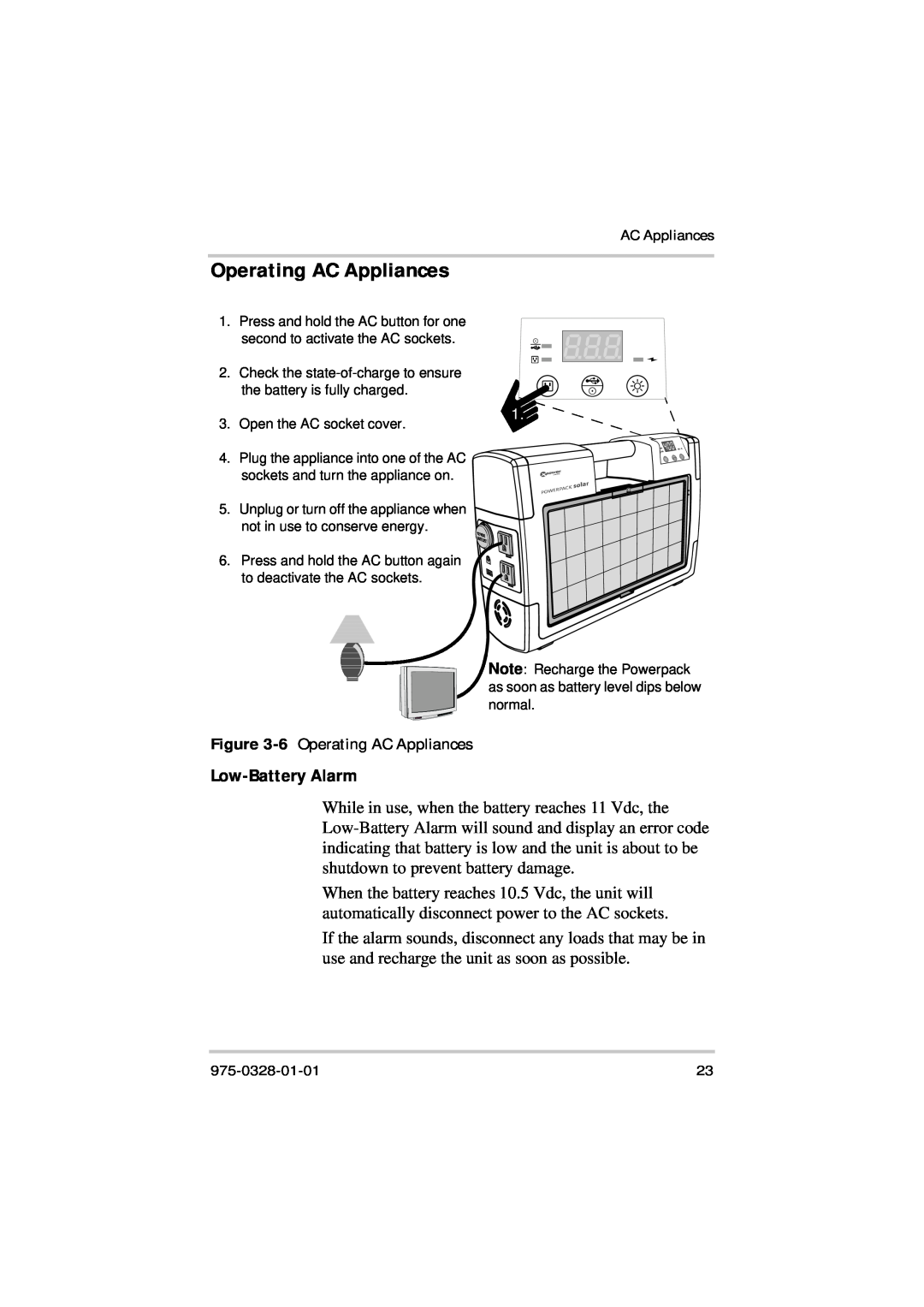 Xantrex Technology Solar 400 manual Operating AC Appliances, Low-Battery Alarm 