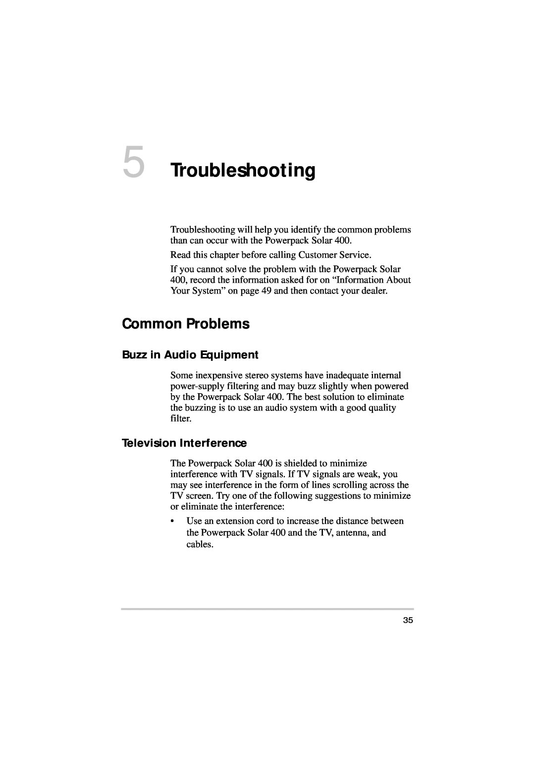 Xantrex Technology Solar 400 manual Troubleshooting, Common Problems, Buzz in Audio Equipment, Television Interference 