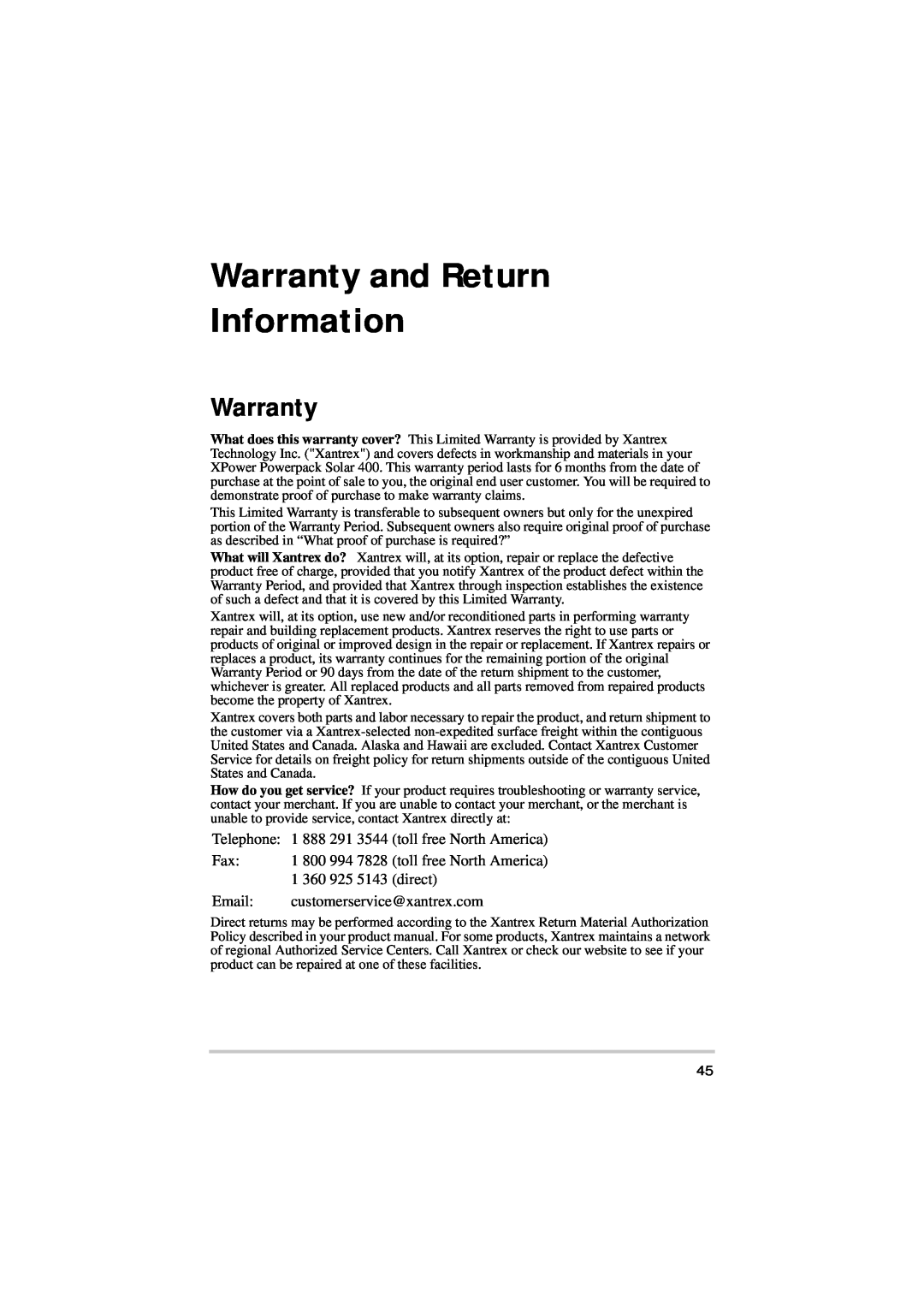 Xantrex Technology Solar 400 manual Warranty and Return Information 