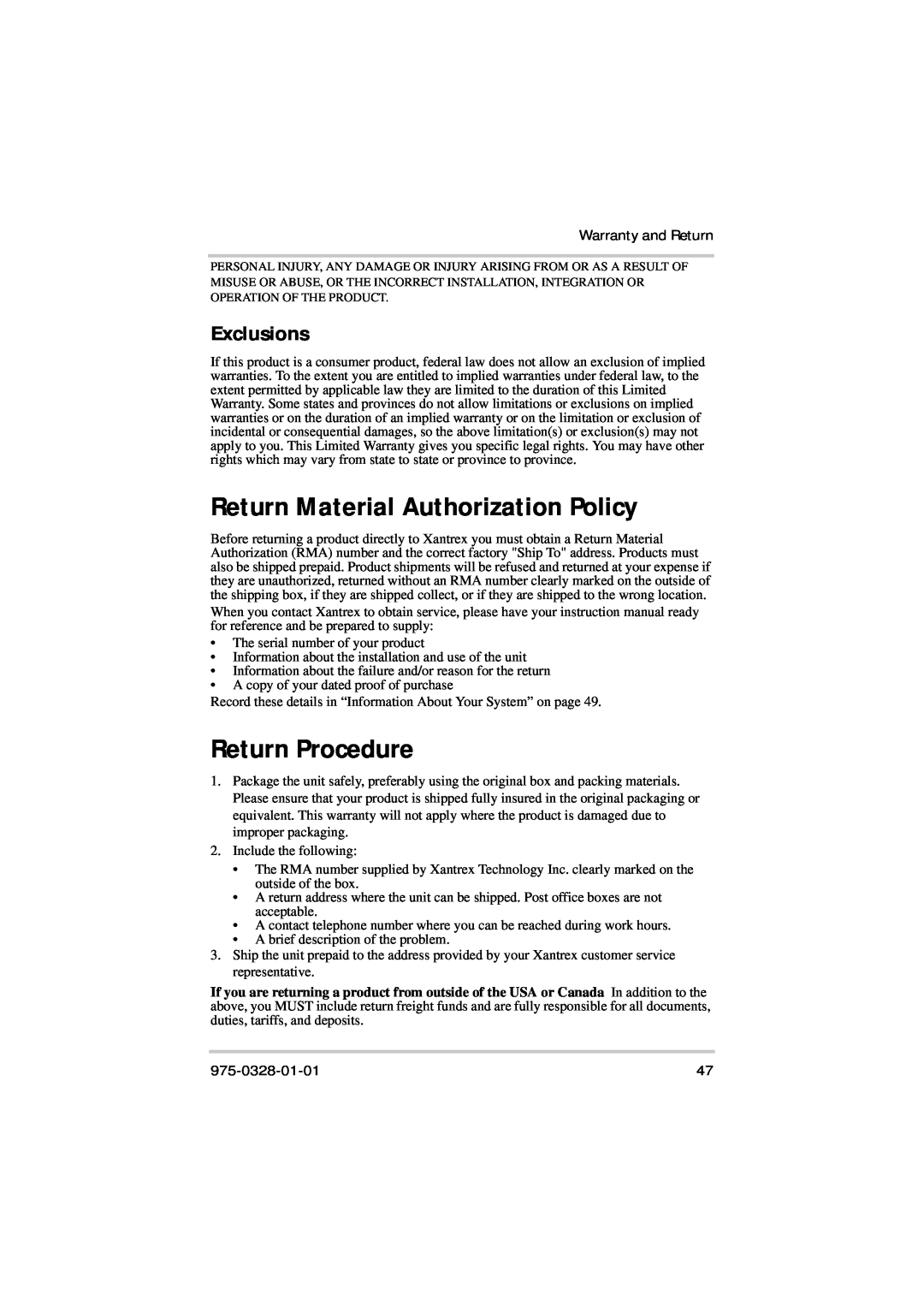 Xantrex Technology Solar 400 manual Return Material Authorization Policy, Return Procedure, Exclusions, Warranty and Return 