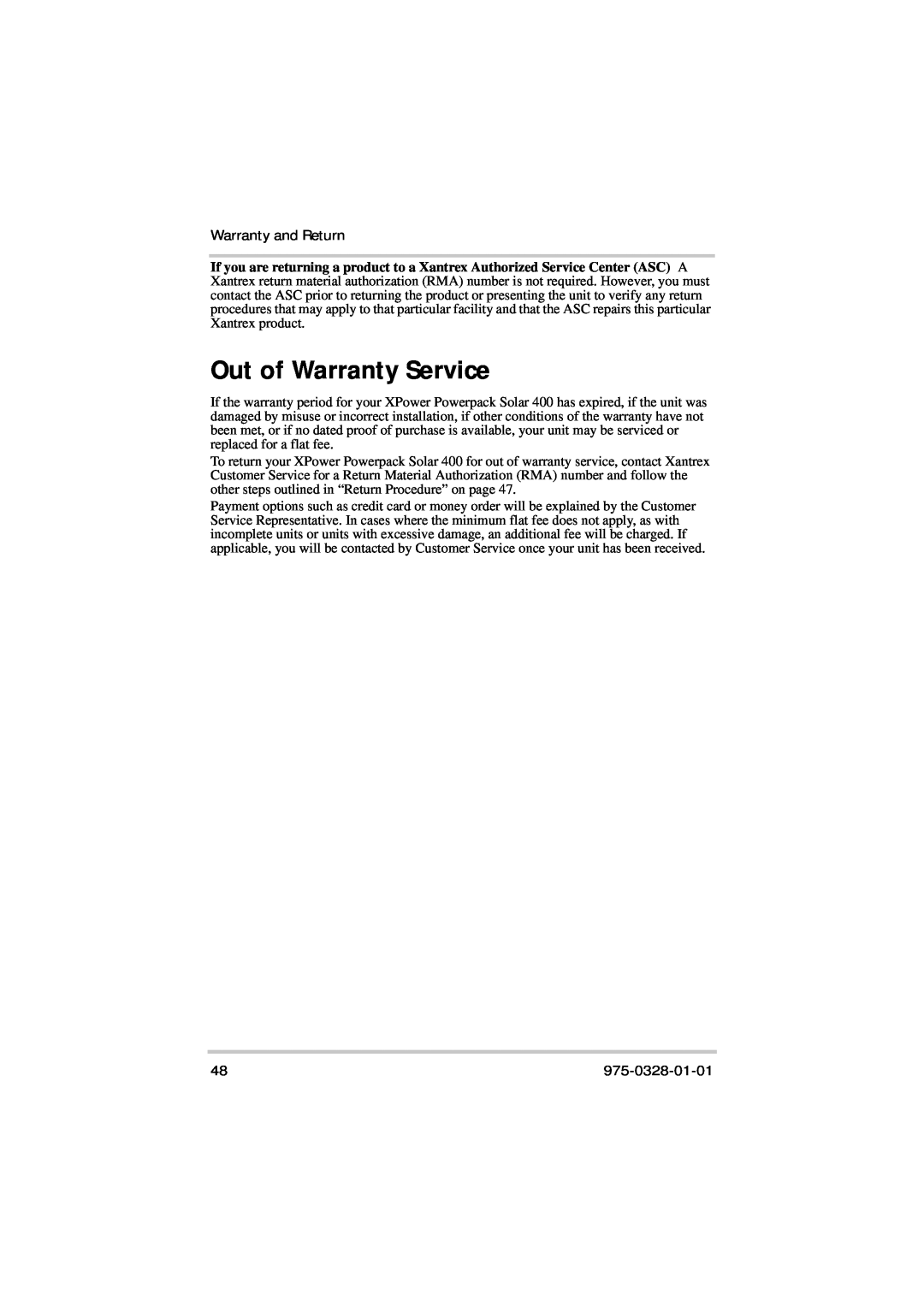 Xantrex Technology Solar 400 manual Out of Warranty Service, Warranty and Return, 975-0328-01-01 