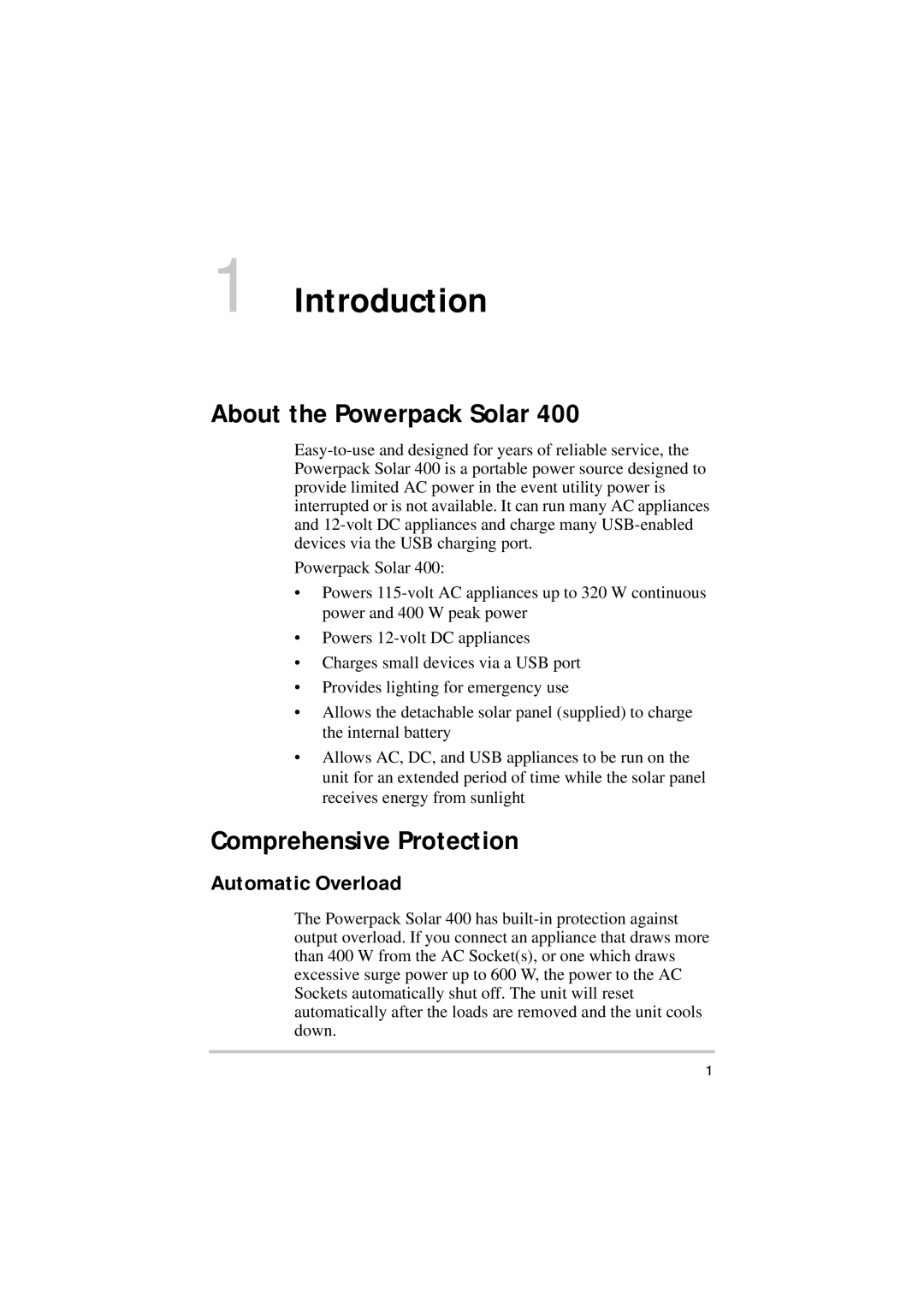 Xantrex Technology Solar 400 manual Introduction, About the Powerpack Solar, Comprehensive Protection, Automatic Overload 