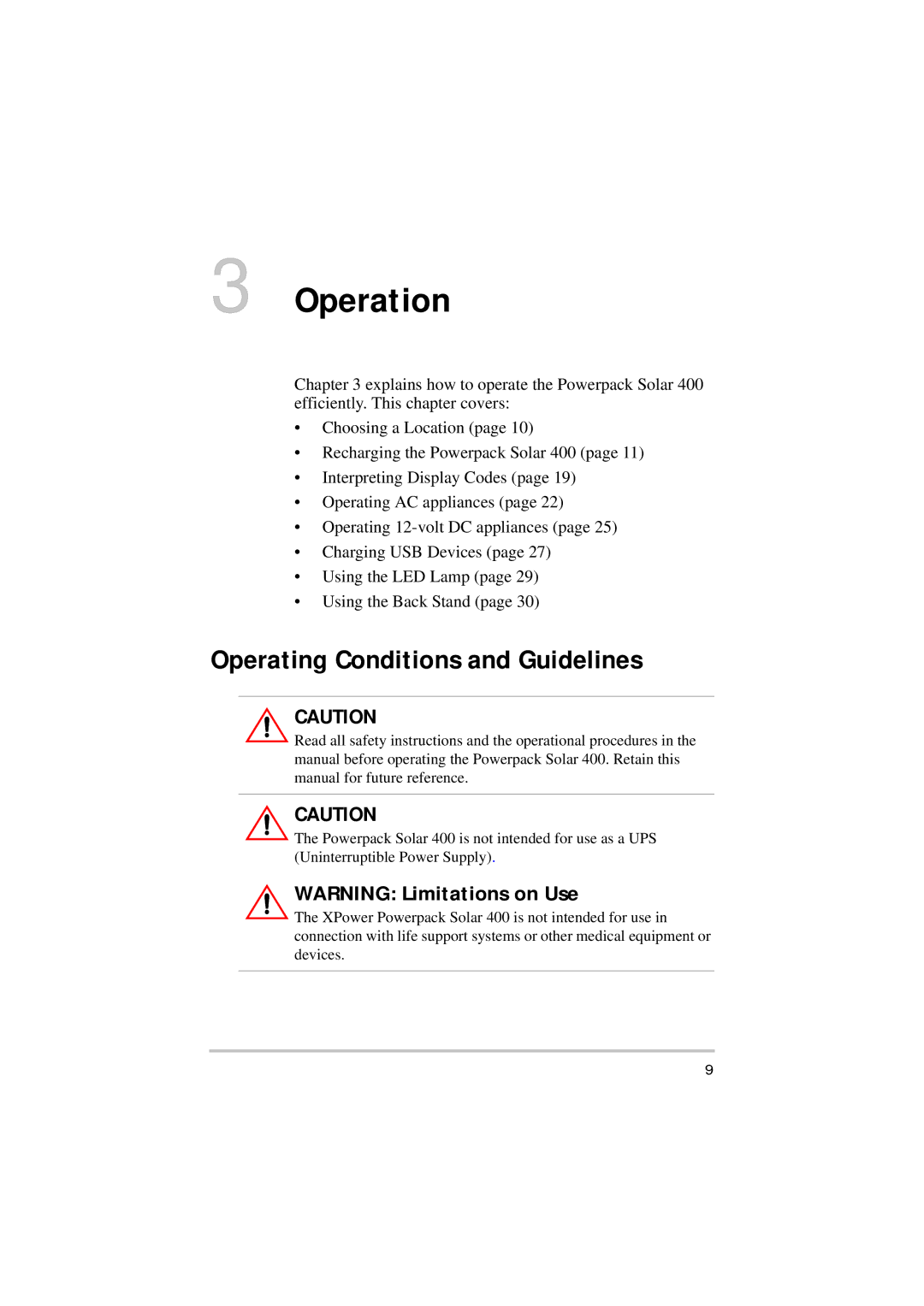 Xantrex Technology Solar 400 manual Operation, Operating Conditions and Guidelines 