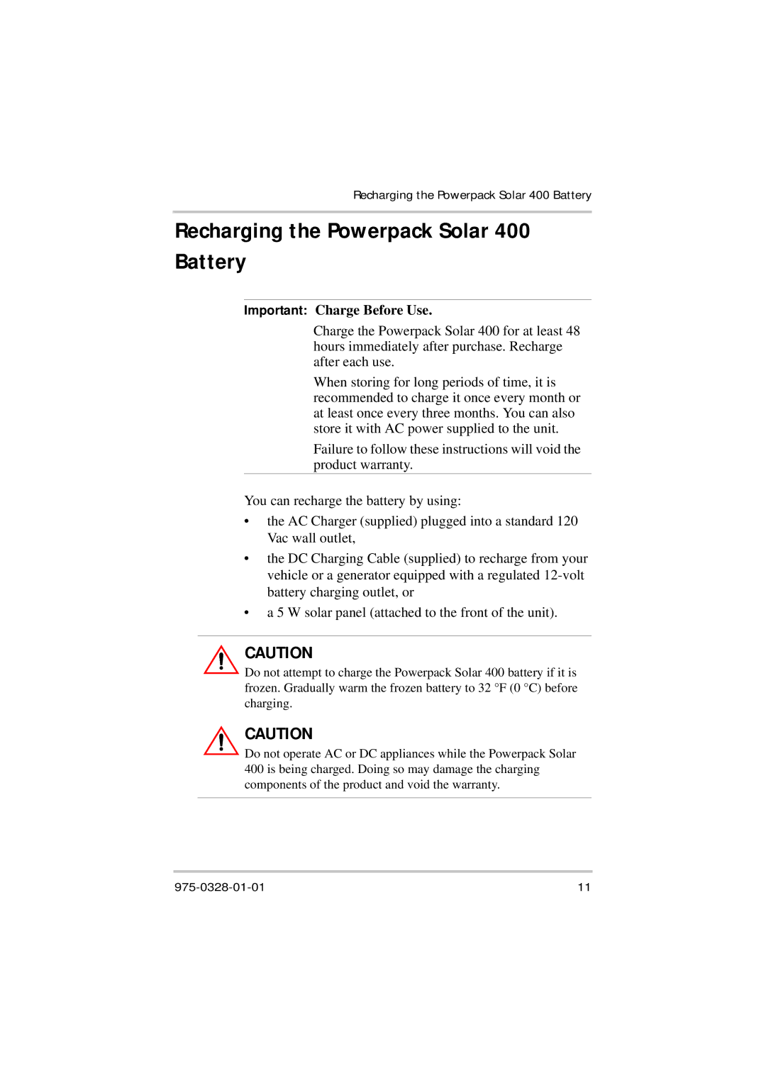 Xantrex Technology manual Recharging the Powerpack Solar 400 Battery, Important Charge Before Use 