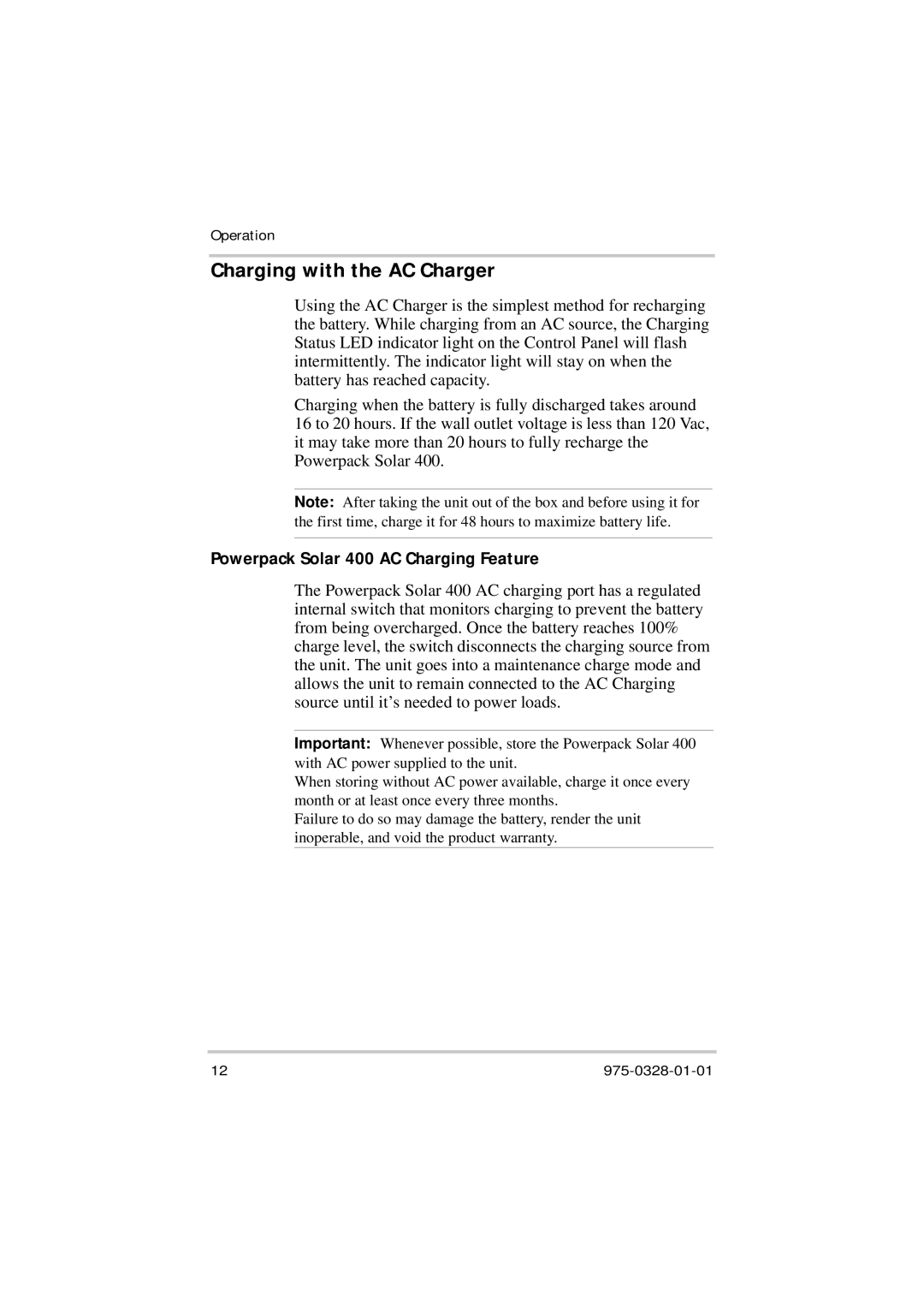 Xantrex Technology manual Charging with the AC Charger, Powerpack Solar 400 AC Charging Feature 