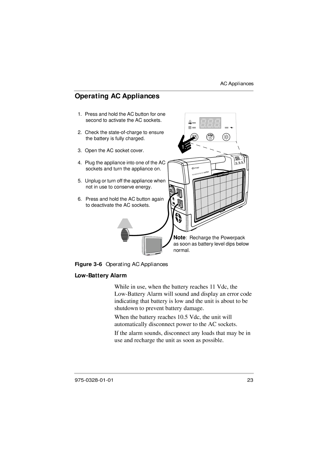 Xantrex Technology Solar 400 manual Operating AC Appliances, Low-Battery Alarm 