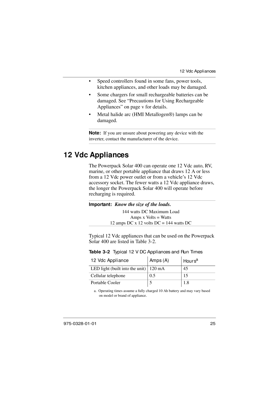 Xantrex Technology Solar 400 manual Vdc Appliances, 2Typical 12 V DC Appliances and Run Times 