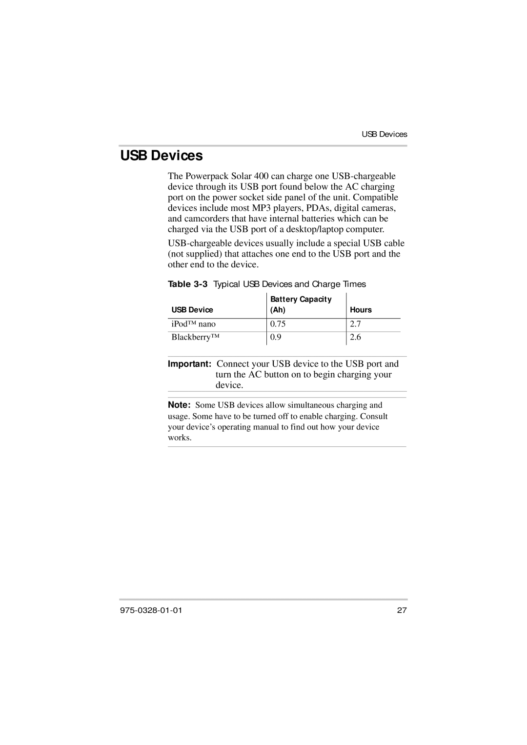 Xantrex Technology Solar 400 manual 3Typical USB Devices and Charge Times 