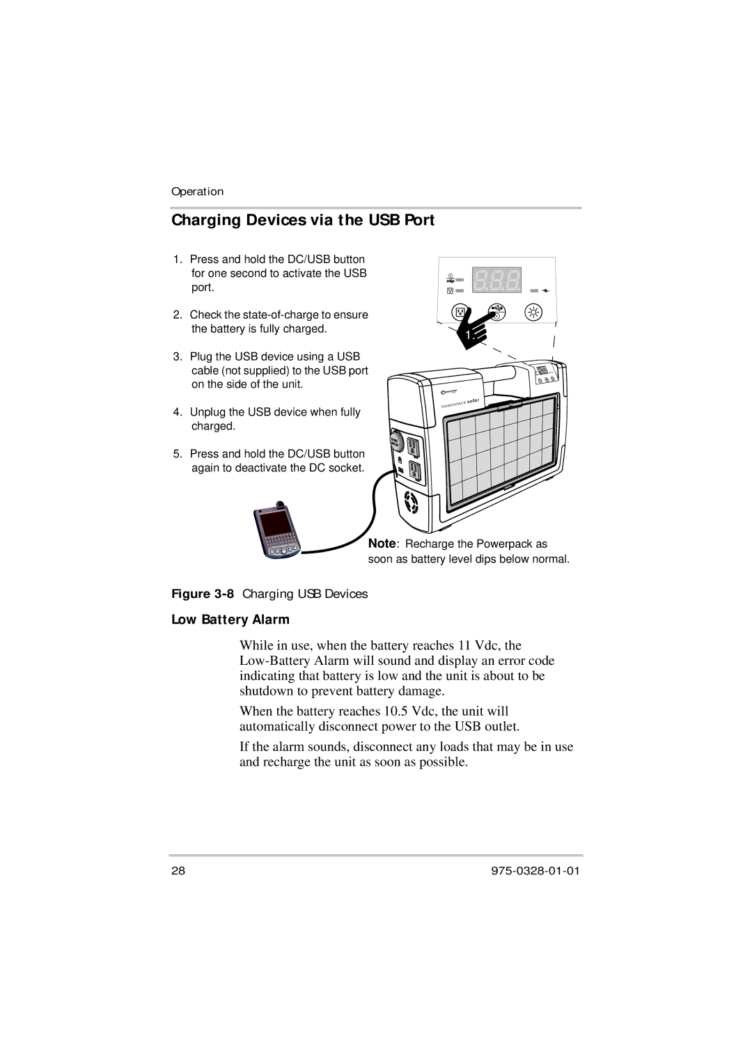 Xantrex Technology Solar 400 manual Charging Devices via the USB Port, Low Battery Alarm 