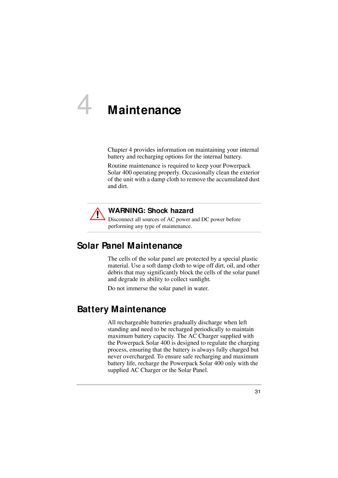 Xantrex Technology Solar 400 manual Solar Panel Maintenance, Battery Maintenance 